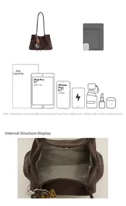 Detail view of large brown tote bag interior capacity showing fits for iPad and iPhone