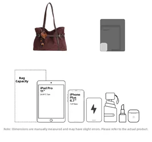 Detailed capacity guide showing a vintage burgundy tote bag fitting an 11-inch tablet and phone