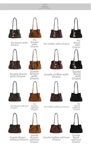 Collection of vintage tote bags in PU leather and suede with decorative charms