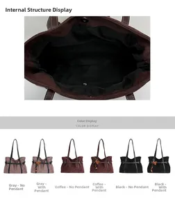 Detail of corduroy tote bag showing interior lining, magnetic clasp, and color options