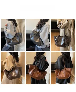 Detailed views of vintage large capacity tote bag showing rich textures and drawstring accents