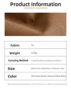 Detailed chart showing PU fabric texture, dimensions 37x24x10cm, and 0.33kg bag weight