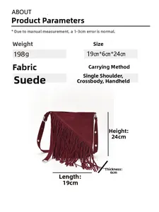 Detail view of burgundy suede bucket bag with tassels and product size 19x6x24cm