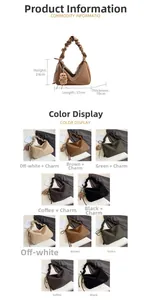 Detailed size chart and multi-color options for ruched cloud shoulder bag with charms