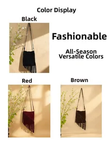 Detail view of suede fringe bucket bags in black, burgundy and dark coffee colors