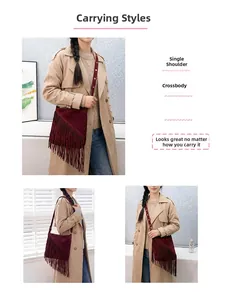 Close-up of burgundy suede crossbody bucket bag featuring long tassel fringes and metallic buckle