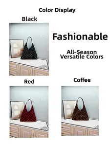 Detail view of large hobo bags with metal eyelets in black, red, and coffee suede colors