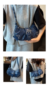 Detailed views of dark blue crocodile pattern hobo bag with silver buckle and studs