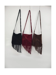 Detailed view of suede fringe crossbody bags in black, burgundy, and dark brown colors