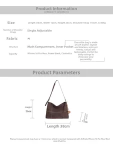 Tabla de tallas detallada para bolso tote minimalista con medidas 38x12x26cm y material PU