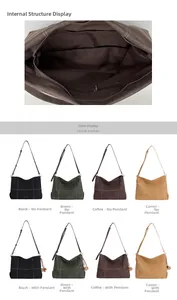 Detalle del amplio bolsillo interior con cremallera y bolsos tote en varios colores