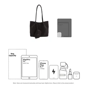 Detalle de bolso tote grande con capacidad para iPad de 11 pulgadas y móvil