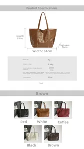 Detailed size specifications and color options for the large vintage PU leather tote bag