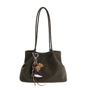 Minimalist olive green soft leather tote bag with stylish leopard print ribbon and heart charm