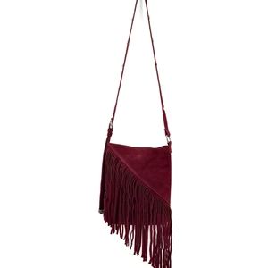 Burgundy suede crossbody bag with asymmetric fringe and stylish shoulder strap