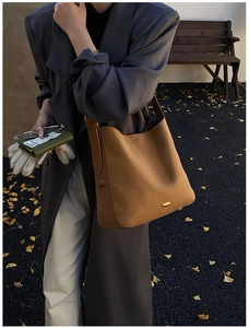 Detail of a brown matte hobo shoulder bag with a gold metal emblem on autumn pavement