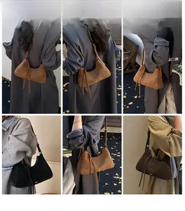 Detailed views of crescent suede shoulder bags with fringe accents in multiple colors