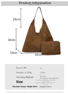 Size chart showing dimensions for the large vintage PU tote bag and small pouch