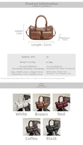 Detailed size chart and multi-color specifications for the PU leather pillow handbag