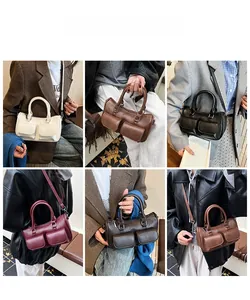 Collage of multi-pocket vintage shoulder bags in six colors styled with autumn outfits