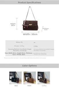 Detailed size specifications for women's vintage PU tote bag with shoulder strap dimensions