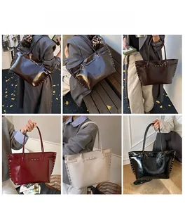 Collage of model wearing large tote bags in various colors with metallic stud details