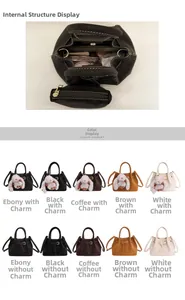Detailed color display of matte tote bags with matching zipper pouches and plush charms