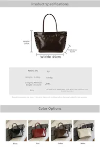 Size chart and specifications for the large PU leather tote bag with product dimensions