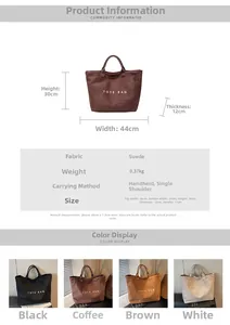 Detailed chart showing suede tote bag dimensions and four colors including brown and black