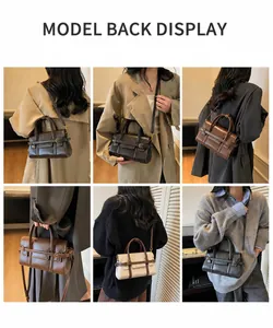 Six-grid display of a vintage leather handbag worn by a model in multiple colors