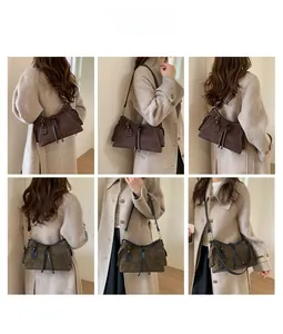 Detailed views of vintage crossbody bags in dark brown and forest green suede