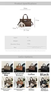 Detailed dimension chart showing a trapezoidal PU leather handbag with size measurements