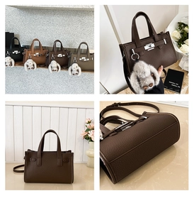 Detail view of four classic pebble grain leather tote bags with rabbit charm and gold lock