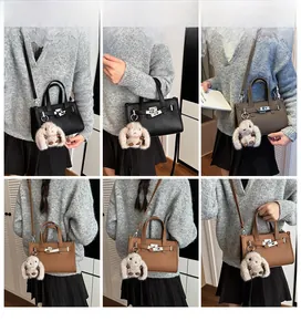 Litchi texture tote bag with silver metal lock and cute plush rabbit charm