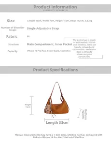 Detailed size chart for retro PU crescent bag with 33x7x16cm dimensions and capacity info