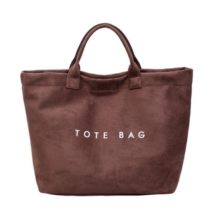 Minimalist large capacity dark brown suede tote bag with white TOTE BAG lettering