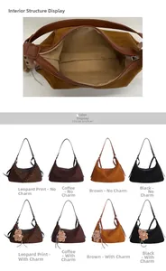 Detailed internal structure and color options of the suede dumpling shoulder bag