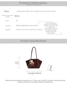 Detailed size chart for the large PU tote bag with dimensions 40x10x23cm and strap 28cm