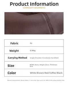 Detail view of smooth PU leather texture with size specs for this large crossbody bag