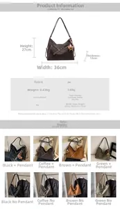 Detailed size chart and multi-color options for large PU leather hobo shoulder bag