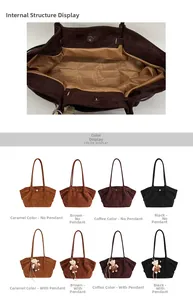 Detail view of corduroy tote bag interior and multiple color options with bear charms