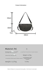 Size guide for PU leather rivet shoulder bag with adjustable strap and dimensions details