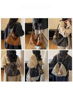 Detail showing various wearing styles of this large capacity vintage shoulder backpack