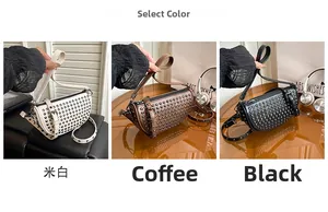 Detailed close-up of studded crescent bags in cream, brown, and black leather finishes