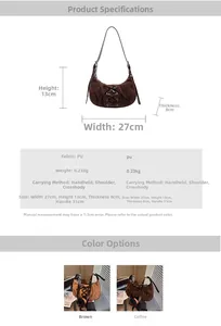 Detailed size specifications and parameters for the crescent PU bow underarm bag