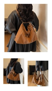 Brown large capacity tote bag with bear charm shown in crossbody and shoulder styles