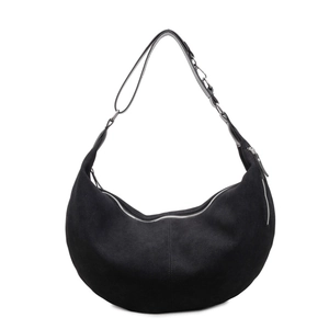 Borsa a mezzaluna retrò in finta pelle scamosciata nera con tracolla e cerniera argento
