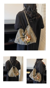 Detail of olive green canvas tote bag with brown plush bear charm and star pendant