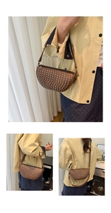 Detail shots of a brown leather crescent moon bag with silver studs and adjustable strap