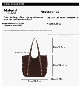 Detailed dimension chart showing size and weight for the suede tote bag with rivets